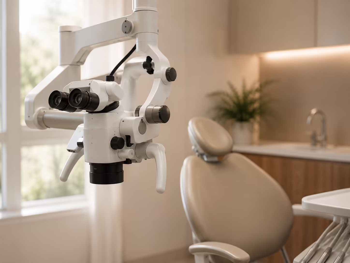 Microscópio odontológico posicionado sobre a cadeira para tratamento endodôntico