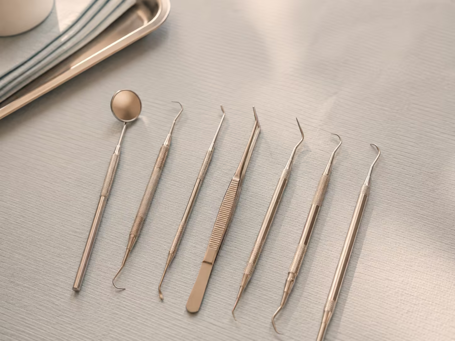 Instrumental de periodontia organizado sobre campo estéril