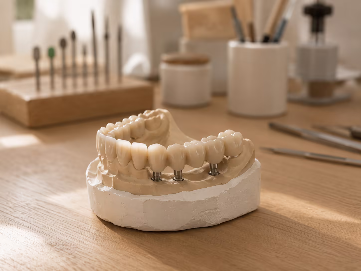 Modelo de arcada dentária com prótese sobre implante em bancada de laboratório